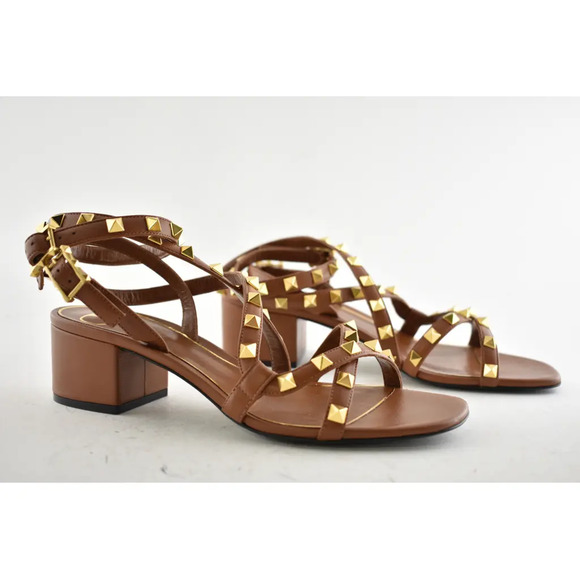 Valentino Rockstud Brown Flair City Ankle Strap Wrap Sandal Block Heel Pump 36.5 - Picture 2 of 12
